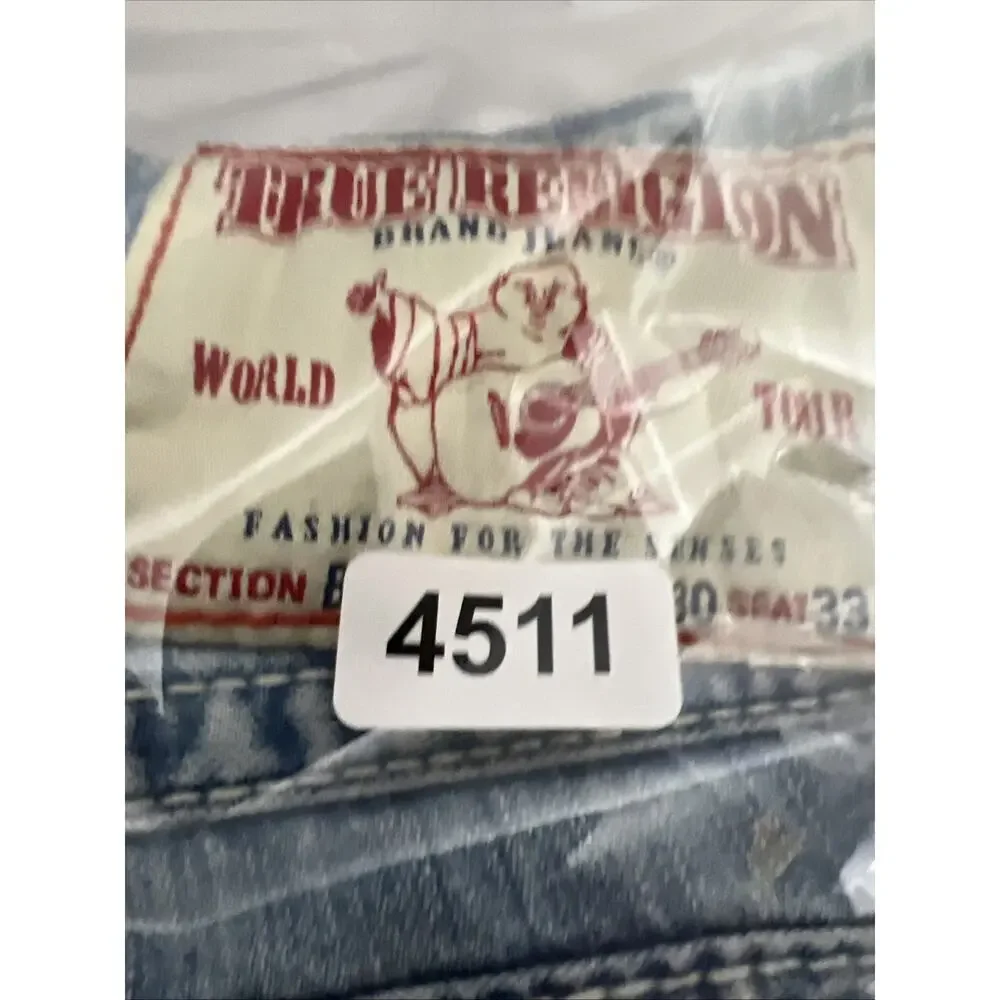 True Religion Billy Big T Flap Distressed Denim Embroidered Jeans ACTUAL 30x33